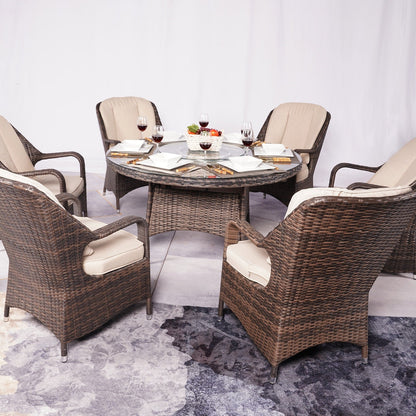 Set da pranzo rotondo da esterno in rattan e vimini, 7 pezzi, con cuscini, di Moda Furnishings