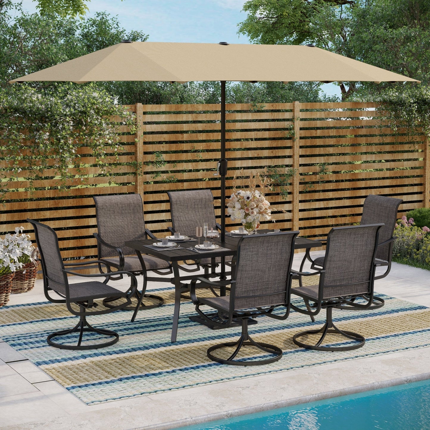 MAISON ARTS Set da pranzo da giardino da 7 pezzi con sedie girevoli in textilene