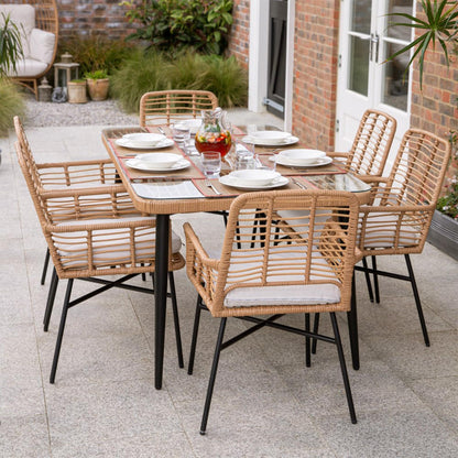 Set da pranzo per patio da 7 pezzi, set di mobili da pranzo per esterni in vimini con cuscini rimovibili per prato, giardino, cortile