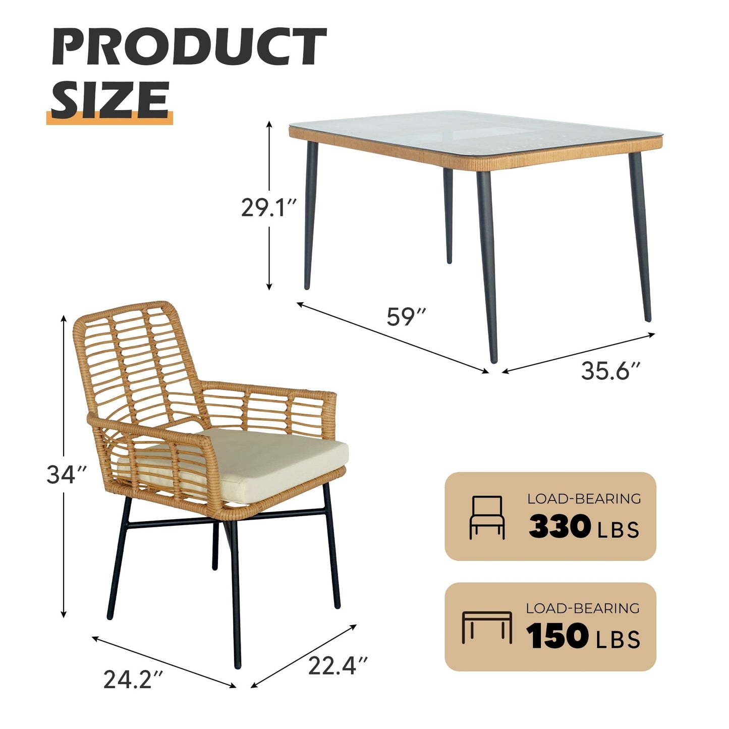 Set da pranzo per patio da 7 pezzi, set di mobili da pranzo per esterni in vimini con cuscini rimovibili per prato, giardino, cortile