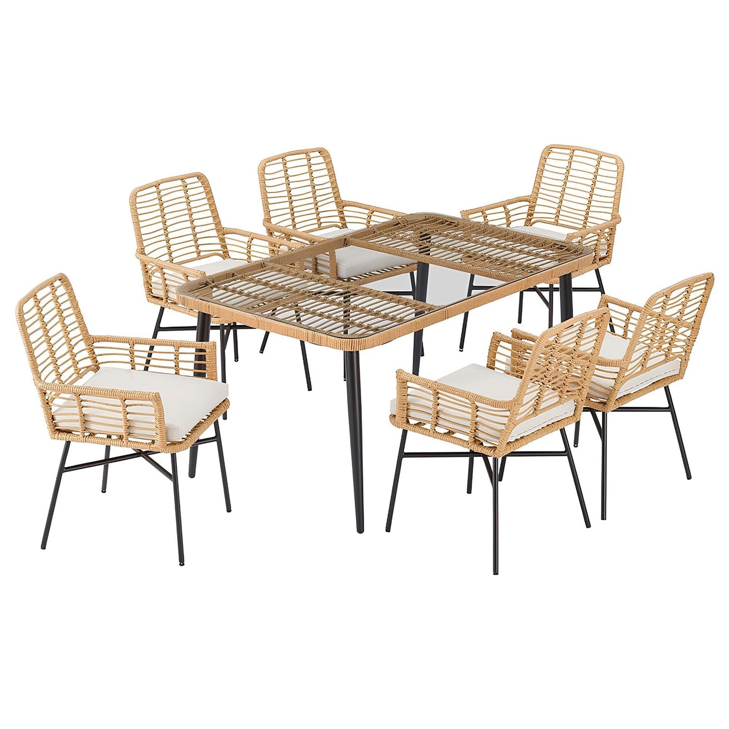 Set da pranzo per patio da 7 pezzi, set di mobili da pranzo per esterni in vimini con cuscini rimovibili per prato, giardino, cortile