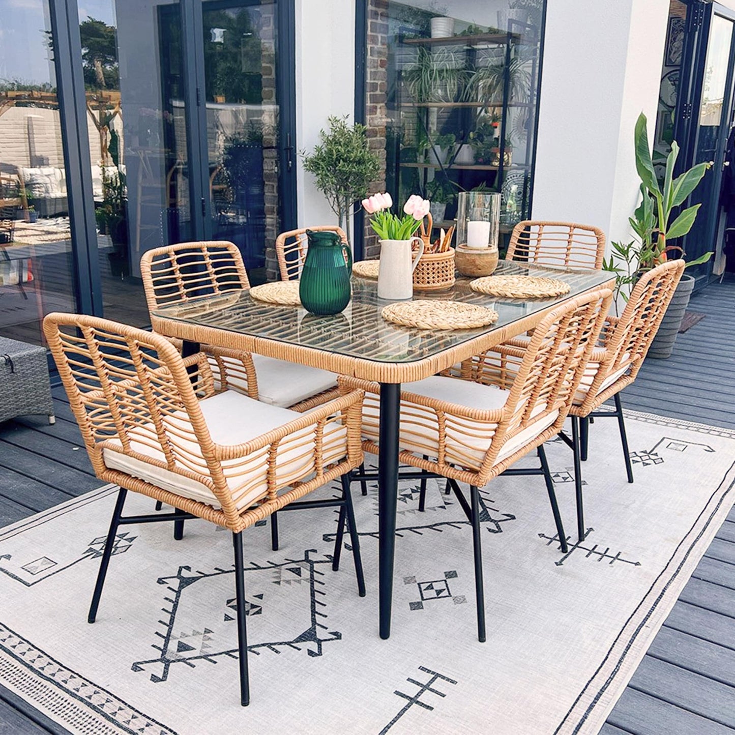 Set da pranzo per patio da 7 pezzi, set di mobili da pranzo per esterni in vimini con cuscini rimovibili per prato, giardino, cortile