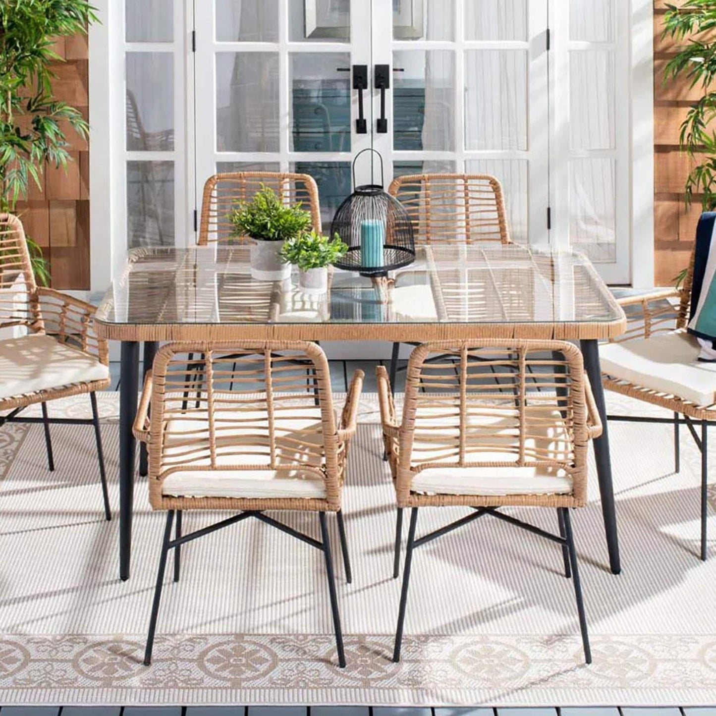 Set da pranzo per patio da 7 pezzi, set di mobili da pranzo per esterni in vimini con cuscini rimovibili per prato, giardino, cortile