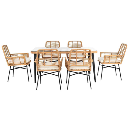 Set da pranzo per patio da 7 pezzi, set di mobili da pranzo per esterni in vimini con cuscini rimovibili per prato, giardino, cortile