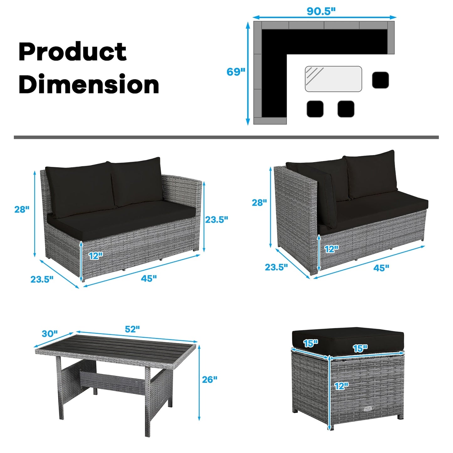 Set di mobili da giardino in rattan da 7 pezzi