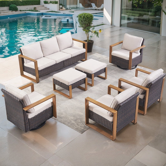 Set da conversazione all'aperto con divano da giardino Gymojoy da 7 pezzi con sedia a dondolo girevole in rattan e pouf