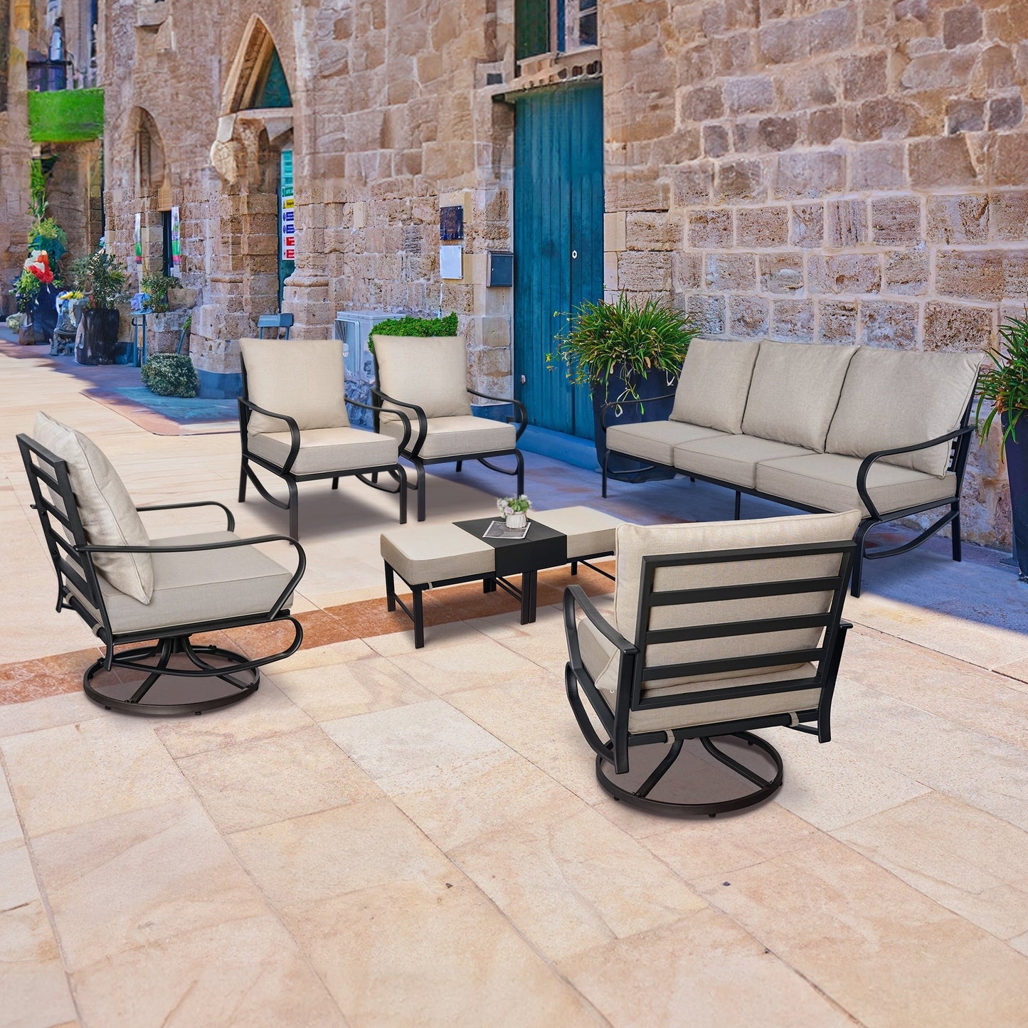 Set da conversazione per patio esterno a 7 posti, divano da esterno con pouf