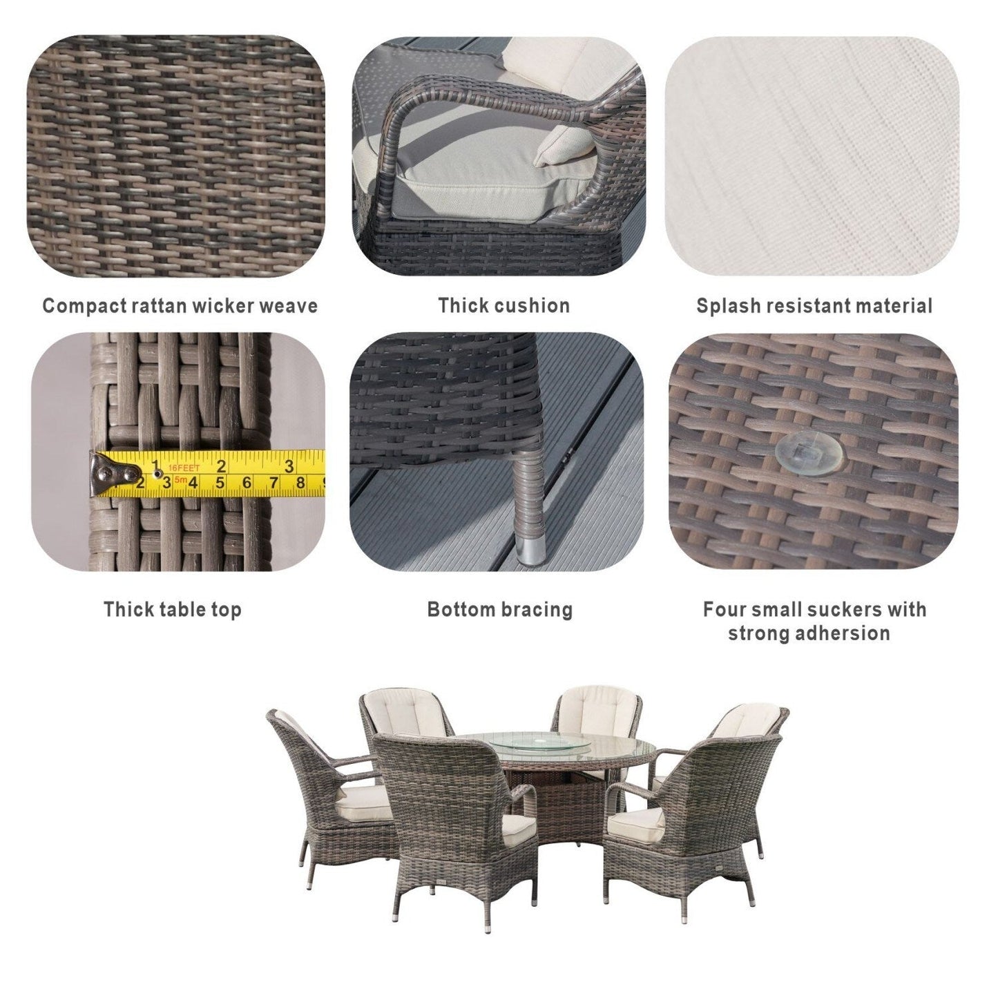 Set da pranzo per esterni da 7 pezzi, tavolo rotondo con sedie