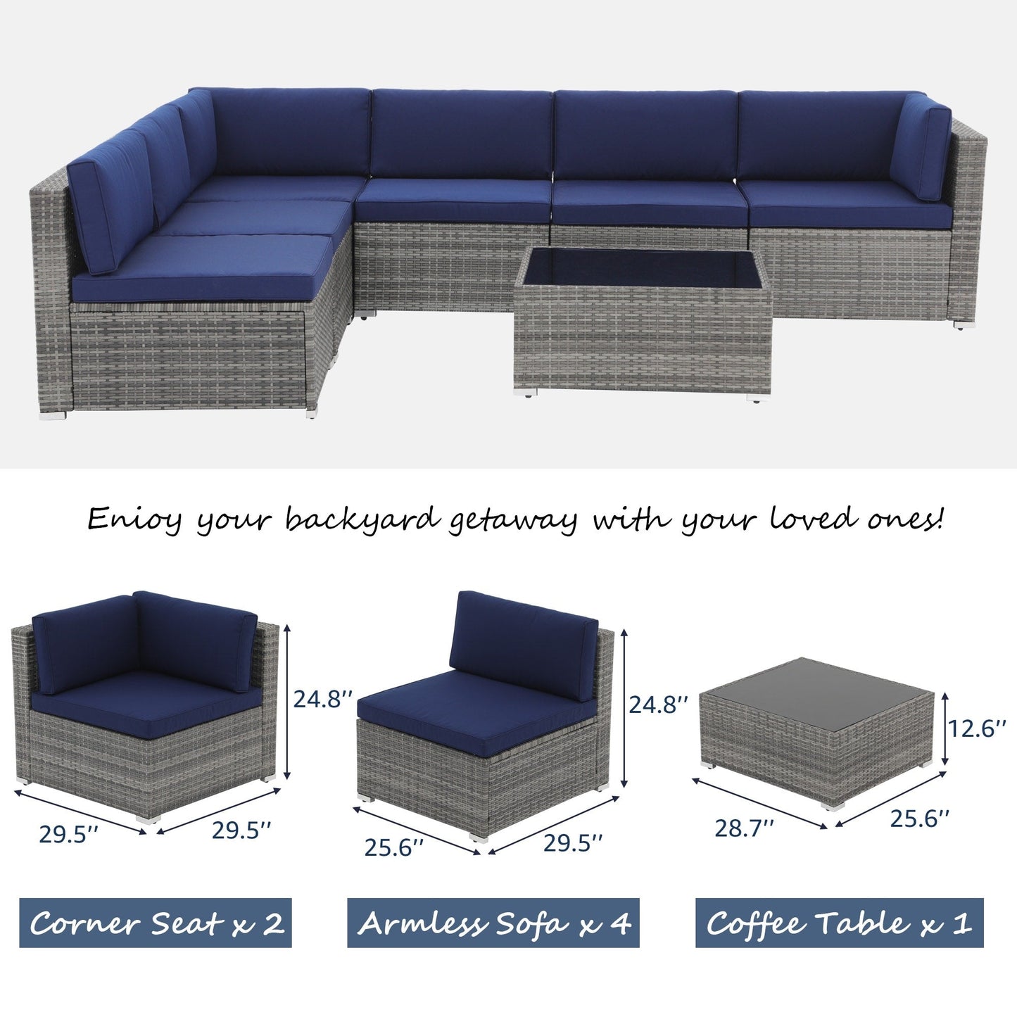 Set di divani componibili in vimini da giardino da 7 pezzi con cuscini