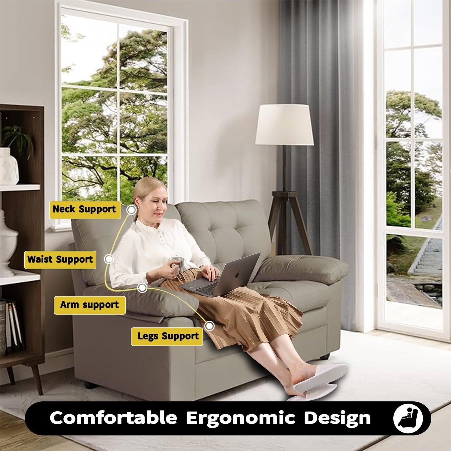 Divano da appartamento trapuntato a 3 posti in similpelle 70.5 con struttura in legno massello essiccato in forno per soggiorno