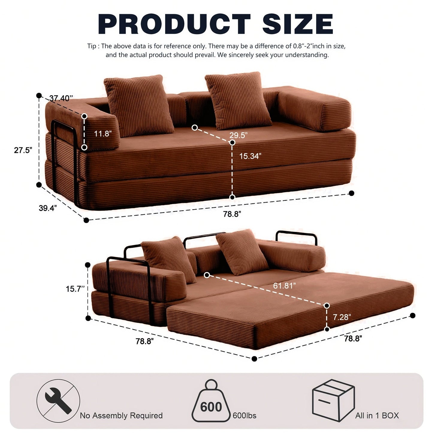 Divano letto trasformabile da 78,8 metri con cuscino, supporto per la schiena, bracciolo, divano da pavimento, divano a compressione, divano futon, letto da salotto