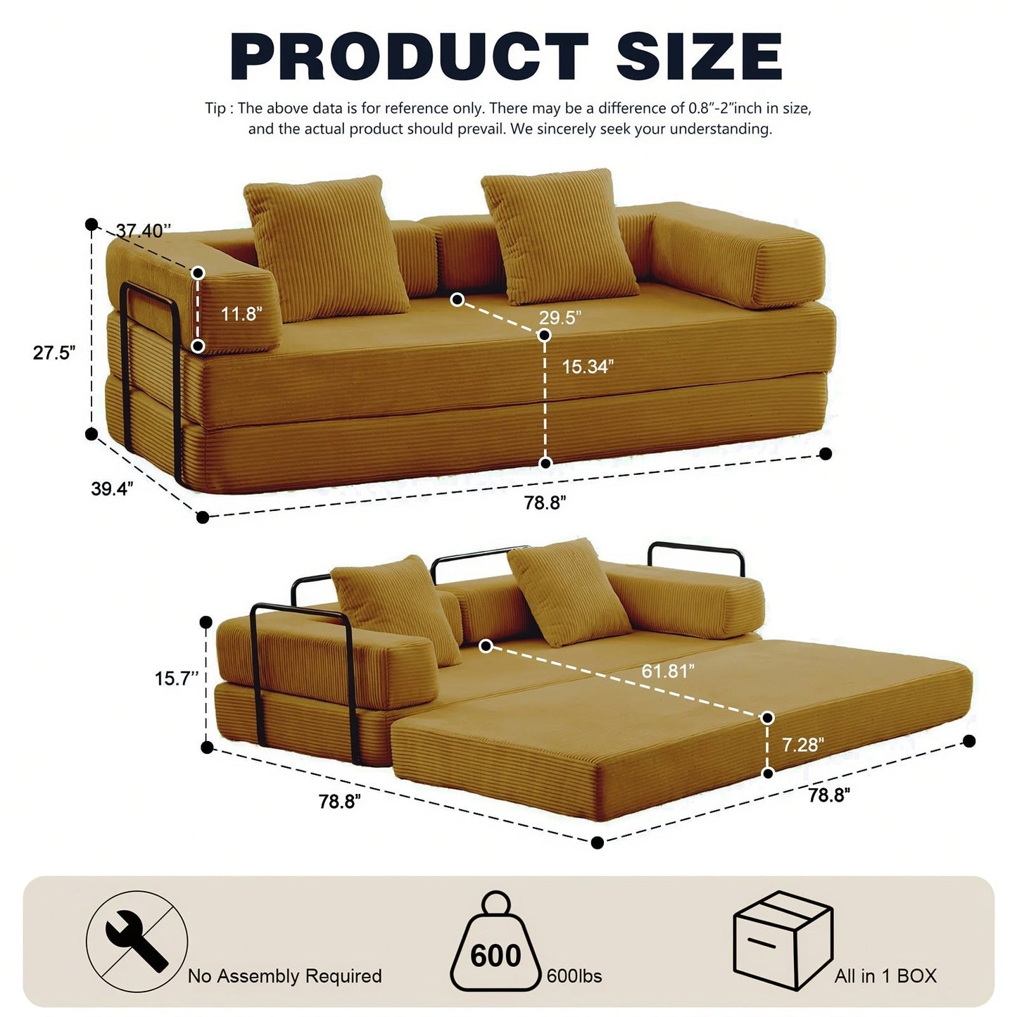 Divano letto trasformabile da 78,8 metri con cuscino, supporto per la schiena, bracciolo, divano da pavimento, divano a compressione, divano futon, letto da salotto