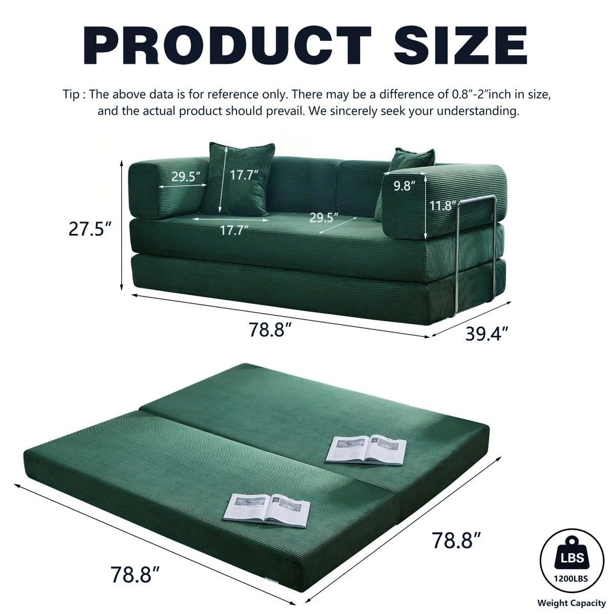 Divano letto trasformabile da 78,8 metri con cuscino, supporto per la schiena, bracciolo, divano da pavimento, divano a compressione, divano futon, letto da salotto