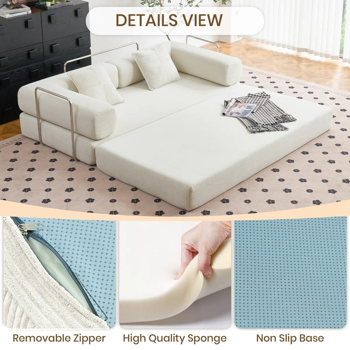 Divano letto trasformabile da 78,8 metri con cuscino, supporto per la schiena, bracciolo, divano da pavimento, divano a compressione, divano futon, letto da salotto