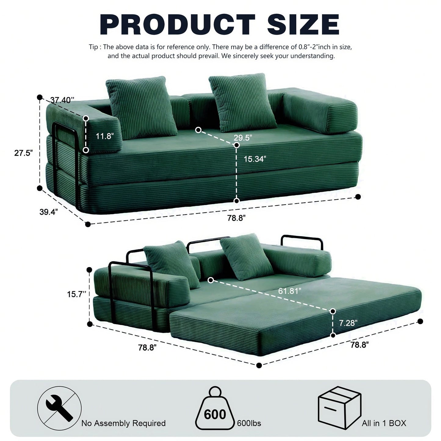 Divano letto trasformabile da 78,8 metri con cuscino, supporto per la schiena, bracciolo, divano da pavimento, divano a compressione, divano futon, letto da salotto