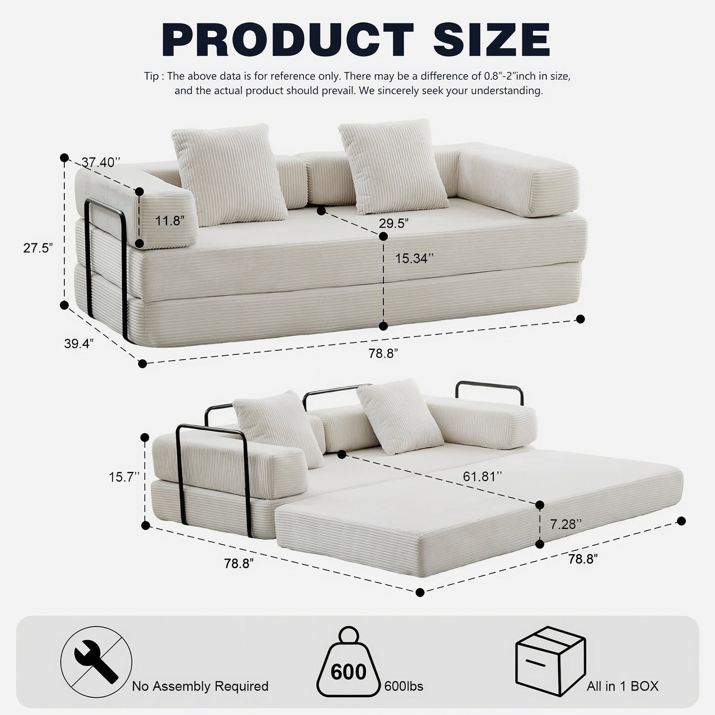 Divano letto trasformabile da 78,8 metri con cuscino, supporto per la schiena, bracciolo, divano da pavimento, divano a compressione, divano futon, letto da salotto