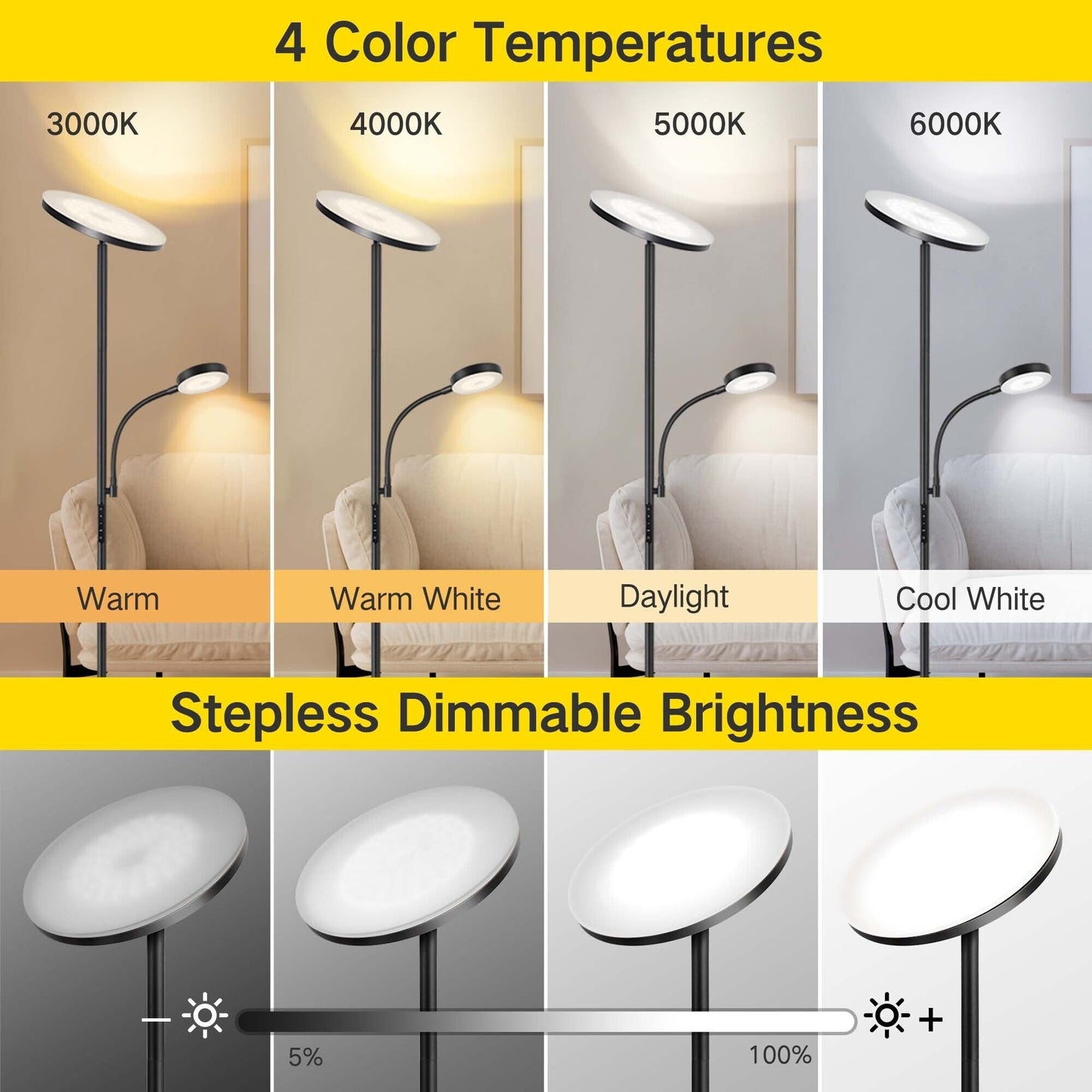 Lampada da terra Torchiere a 70 LED con controllo touch e telecomando - N/D