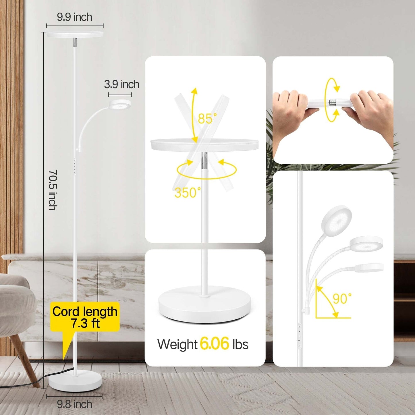 Lampada da terra Torchiere a 70 LED con controllo touch e telecomando - N/D