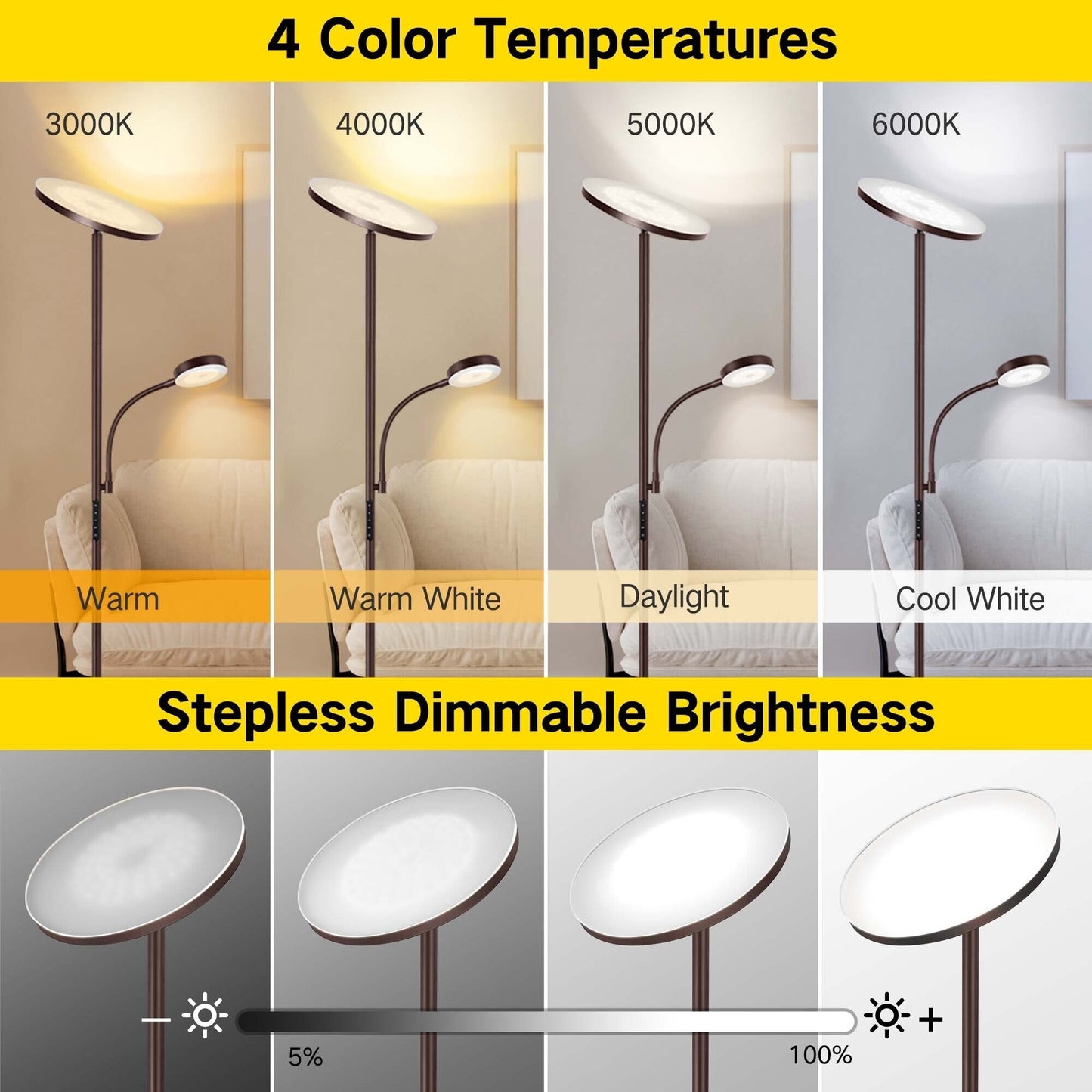 Lampada da terra Torchiere a 70 LED con controllo touch e telecomando - N/D