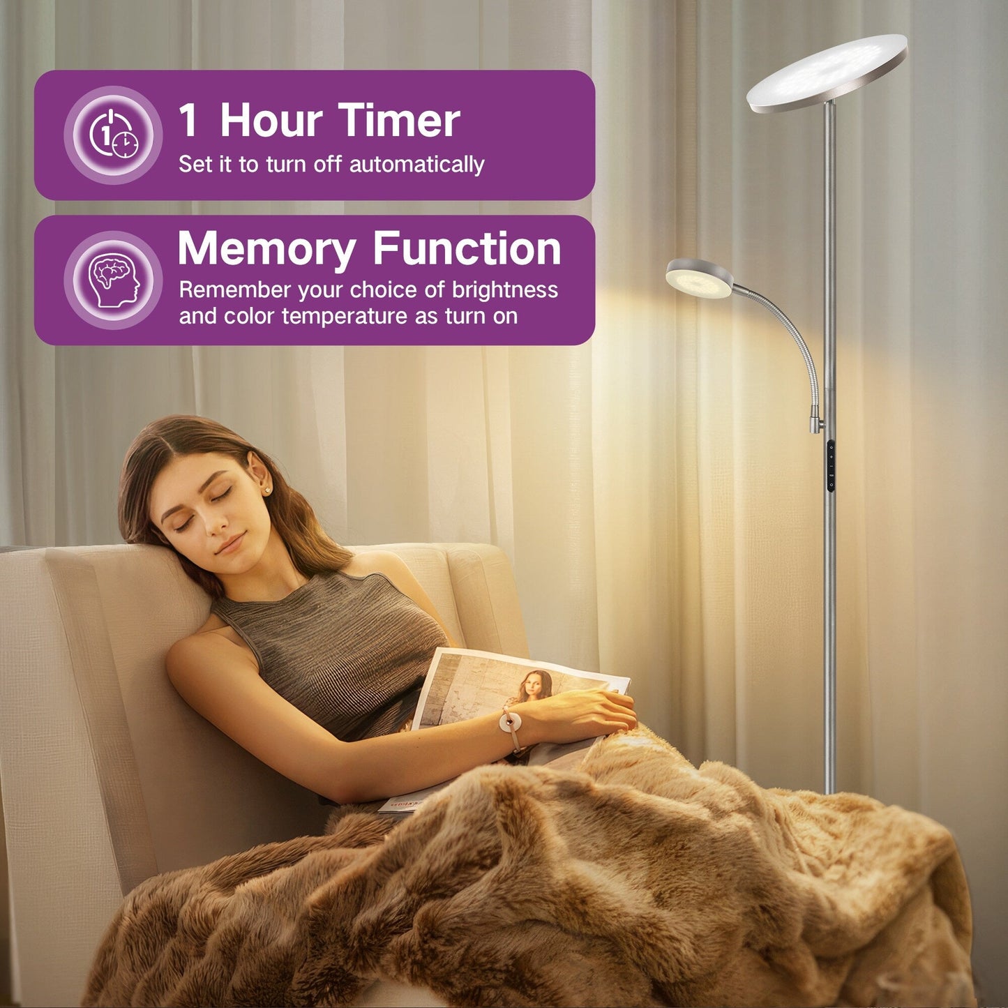 Lampada da terra Torchiere a 70 LED con controllo touch e telecomando - N/D