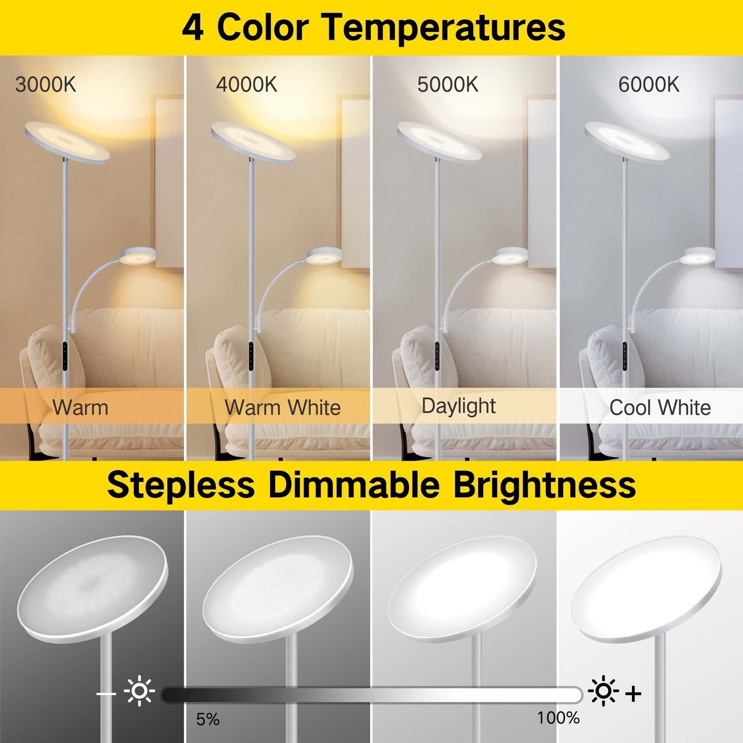 Lampada da terra Torchiere a 70 LED con controllo touch e telecomando - N/D