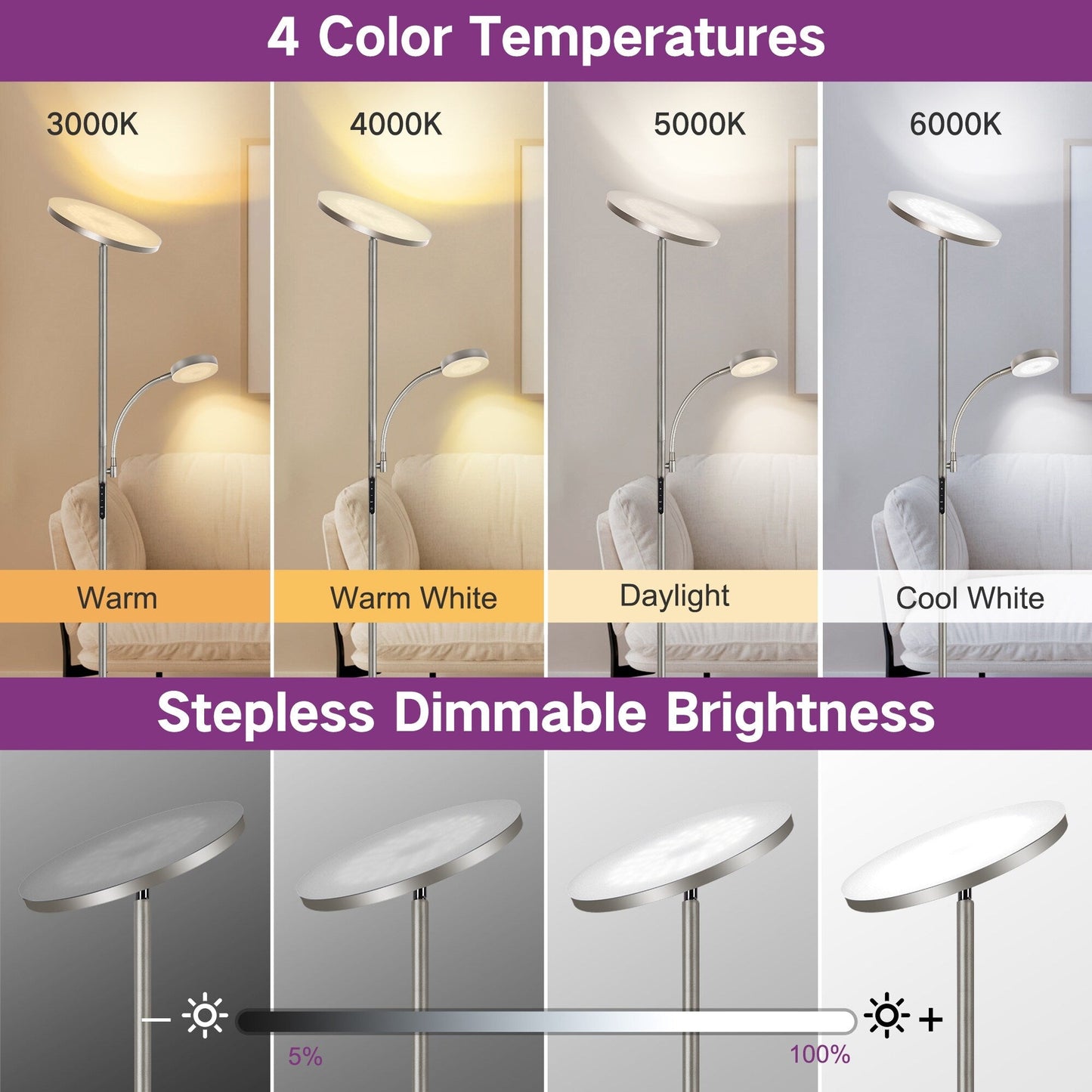 Lampada da terra Torchiere a 70 LED con controllo touch e telecomando - N/D