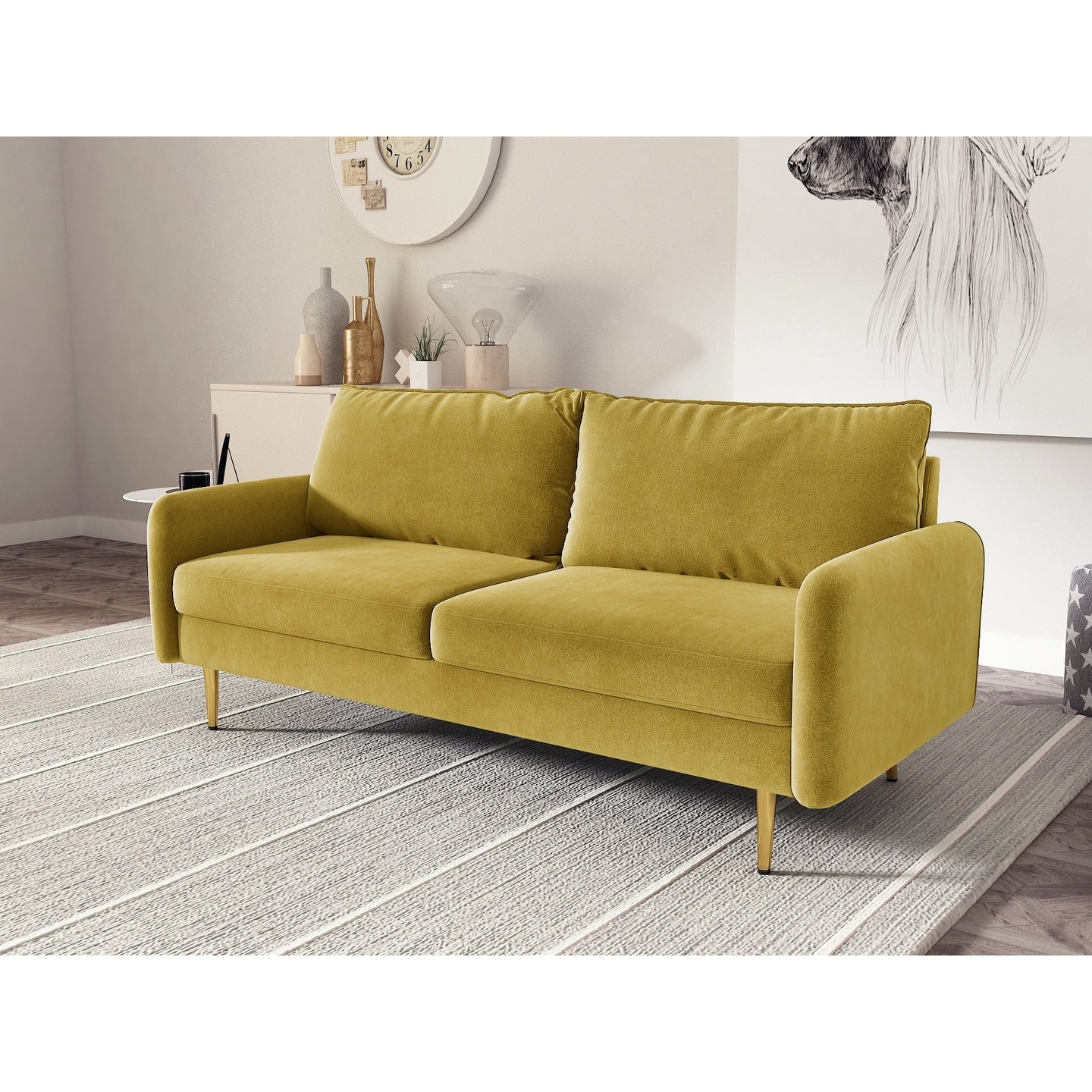 Divano con braccioli quadrati in velluto da 70''