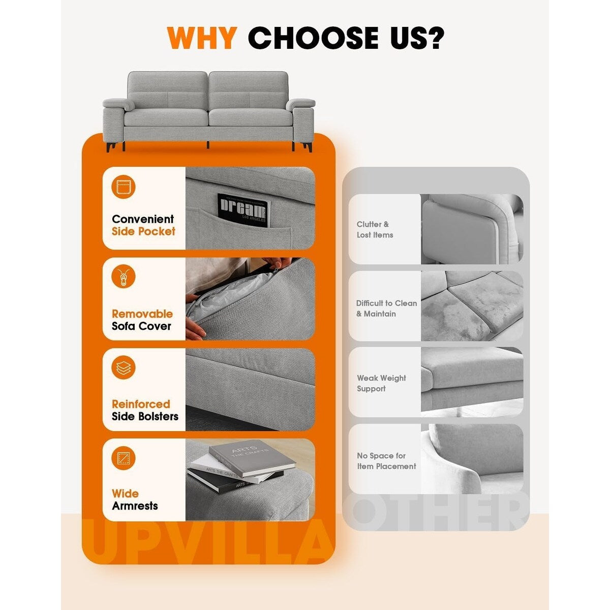 Divano a due posti in ciniglia da 71,25 pollici - Seduta profonda a 2 posti con 8 cuscini, bracciolo convertibile e rivestimento rimovibile