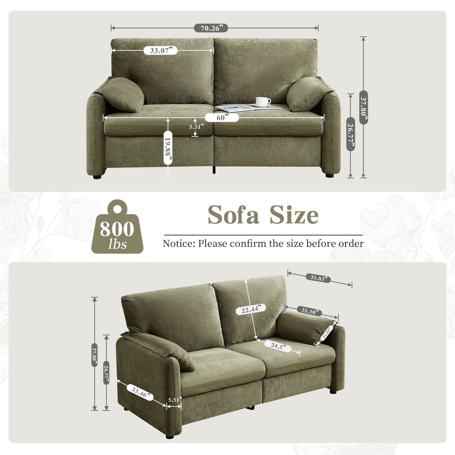 Divano a 2 posti in ciniglia da 71,28 pollici, comfort simile a una nuvola con spugna ad alta resilienza, design moderno e minimalista