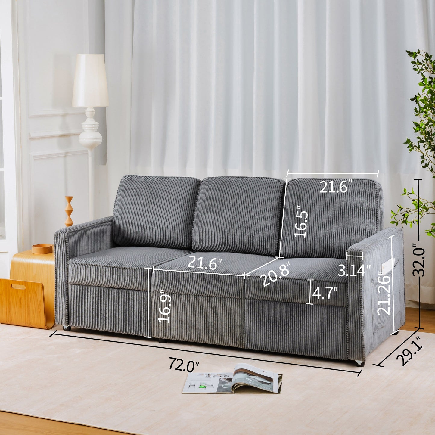 Divano a 3 posti in velluto a coste 72.64 con cuscini in spugna ad alta densità e molle