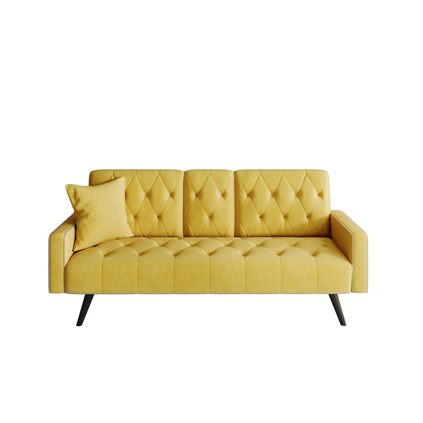 Divano letto in velluto a 3 posti con borchie e portabicchieri per soggiorno