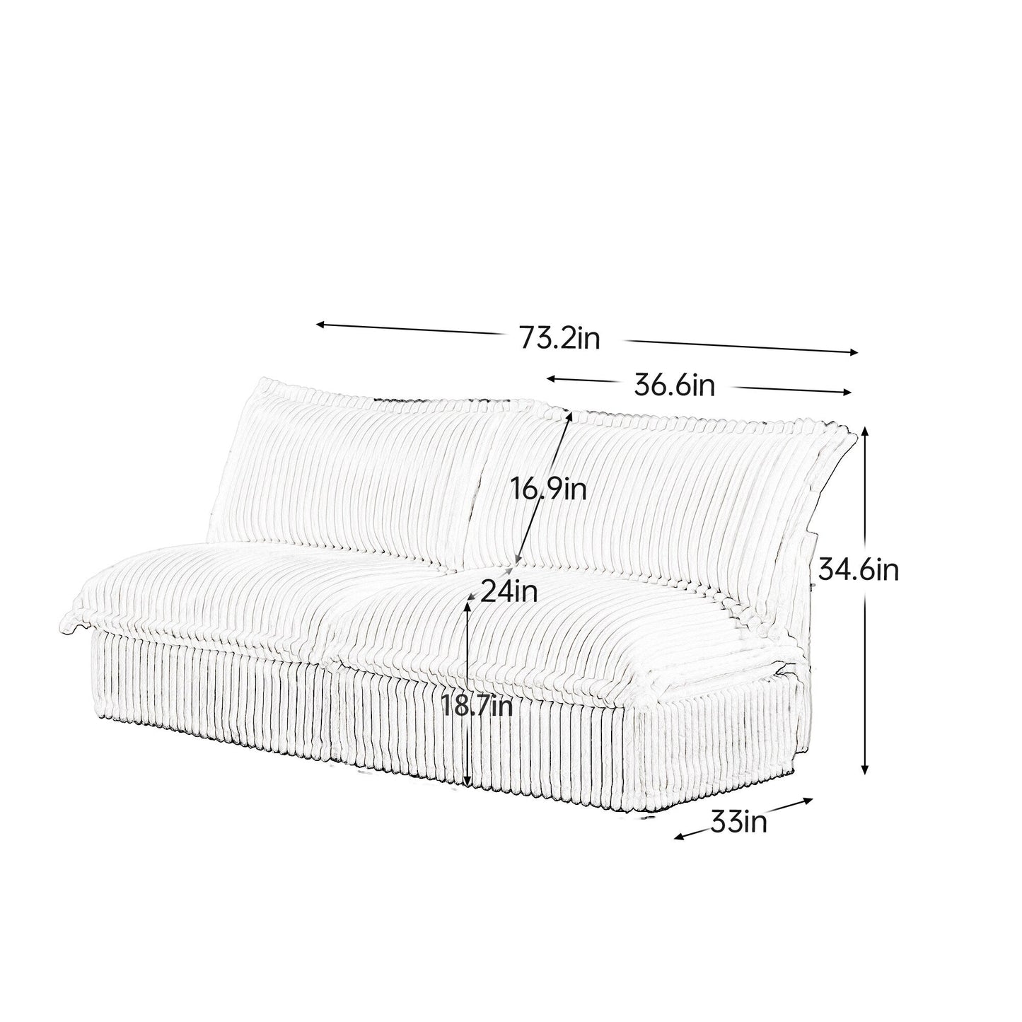 Divano a 3 posti senza braccioli in velluto a coste 73.2, profondo, per soggiorno e camera da letto