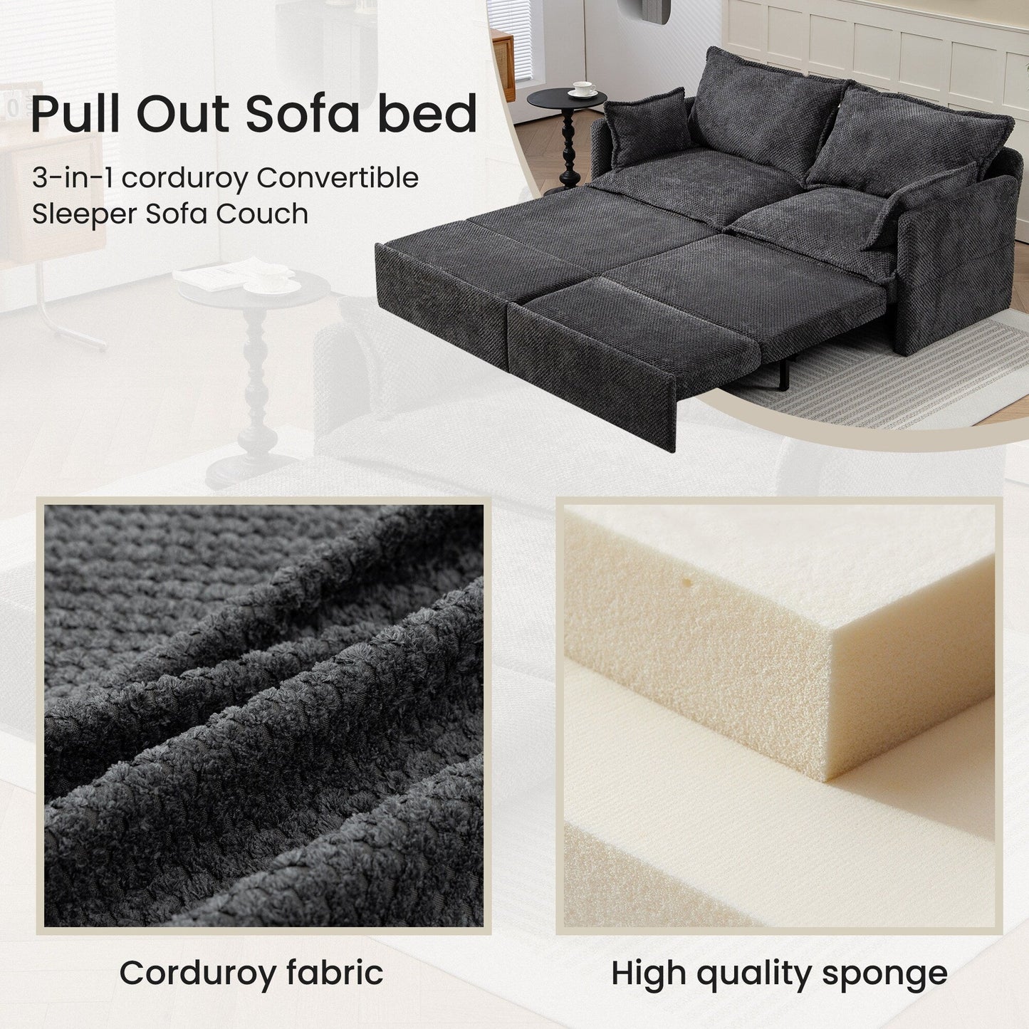 Divano letto convertibile 3 in 1 in velluto a coste da 73,6 pollici con letto estraibile, porte di ricarica USB e vano portaoggetti laterale