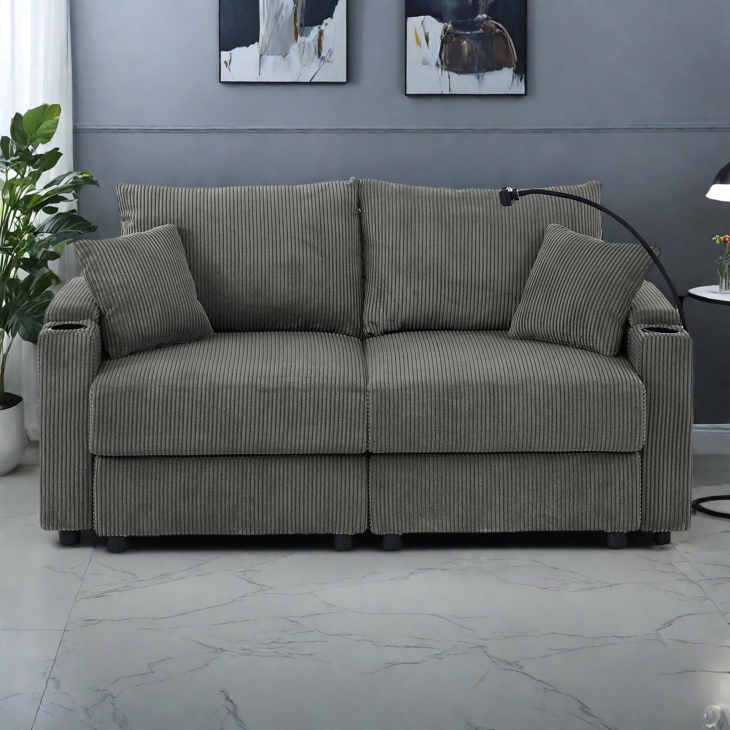 Divano moderno a 2 posti in velluto a coste, seduta profonda, con portabicchieri e portatelefono