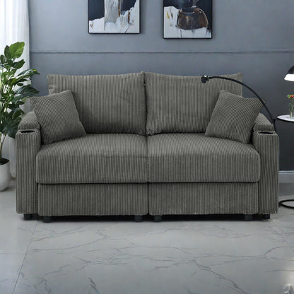 Divano moderno a 2 posti in velluto a coste, seduta profonda, con portabicchieri e portatelefono