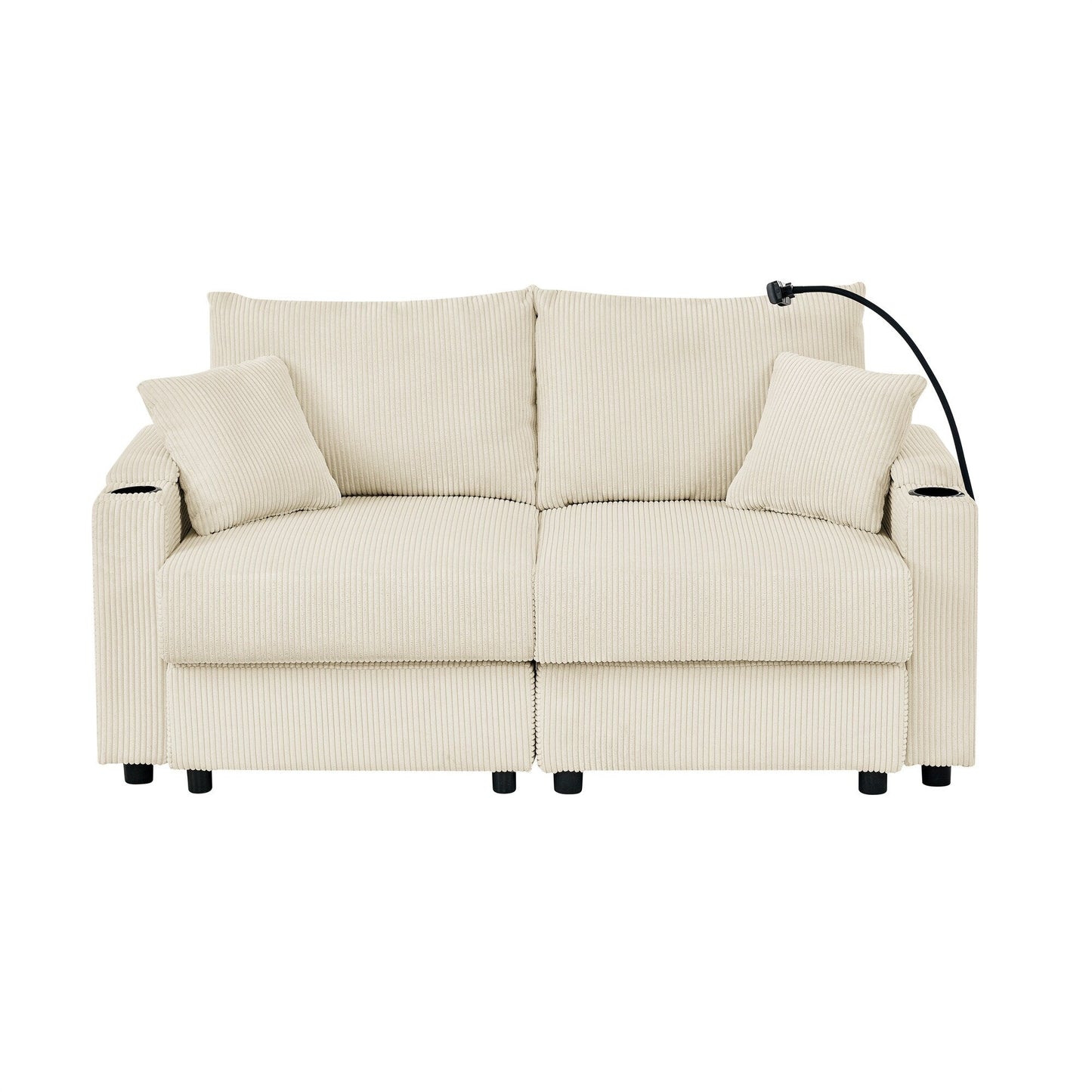 Divano moderno a 2 posti in velluto a coste, seduta profonda, con portabicchieri e portatelefono