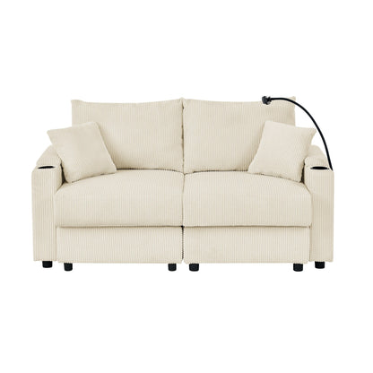 Divano moderno a 2 posti in velluto a coste, seduta profonda, con portabicchieri e portatelefono