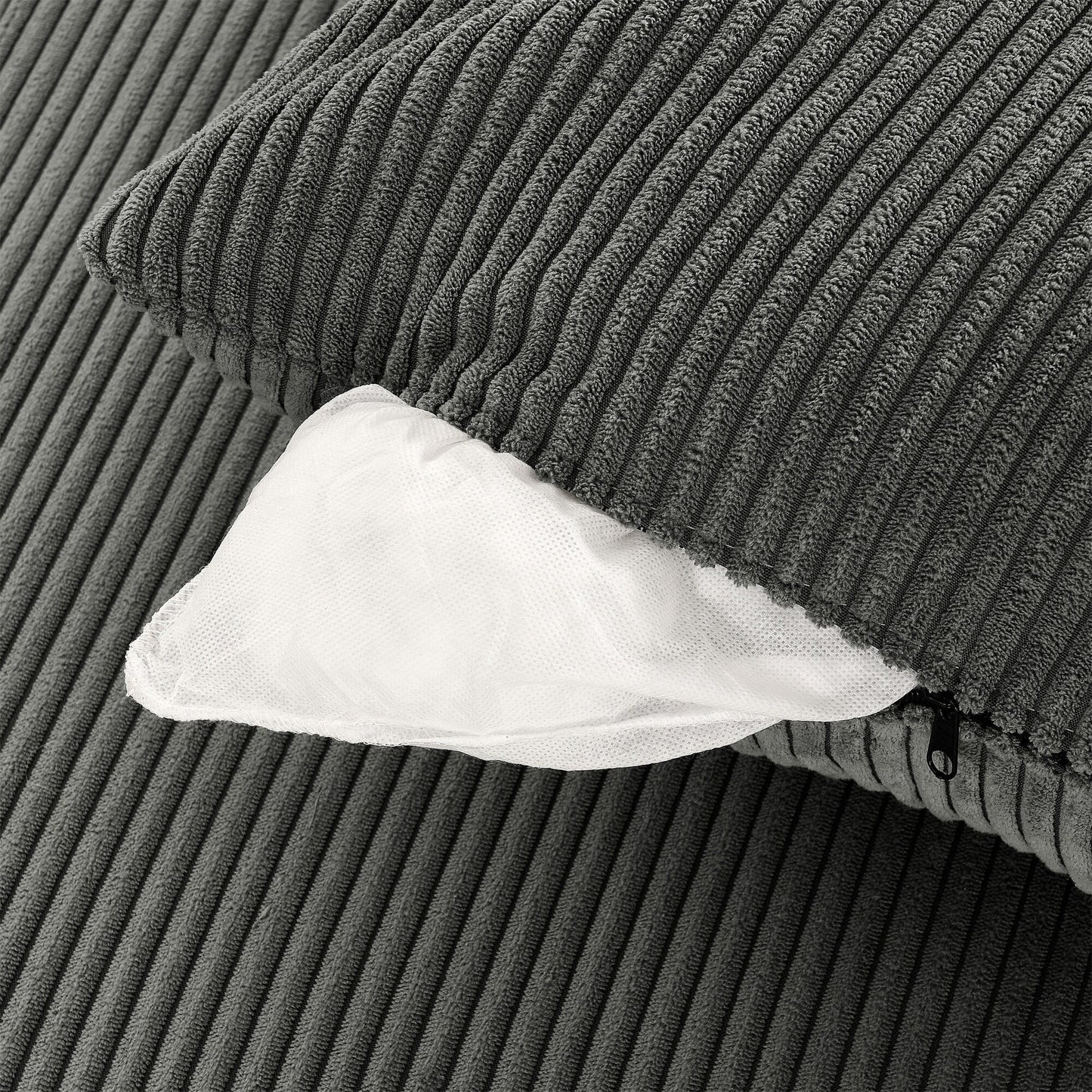 Divano moderno a 2 posti in velluto a coste, seduta profonda, con portabicchieri e portatelefono