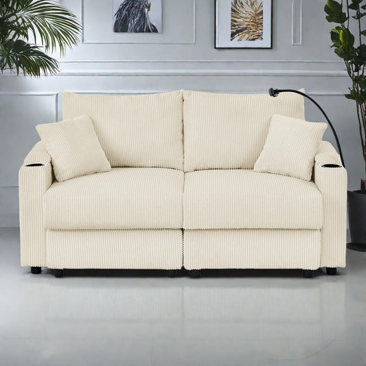 Divano moderno a 2 posti in velluto a coste, seduta profonda, con portabicchieri e portatelefono