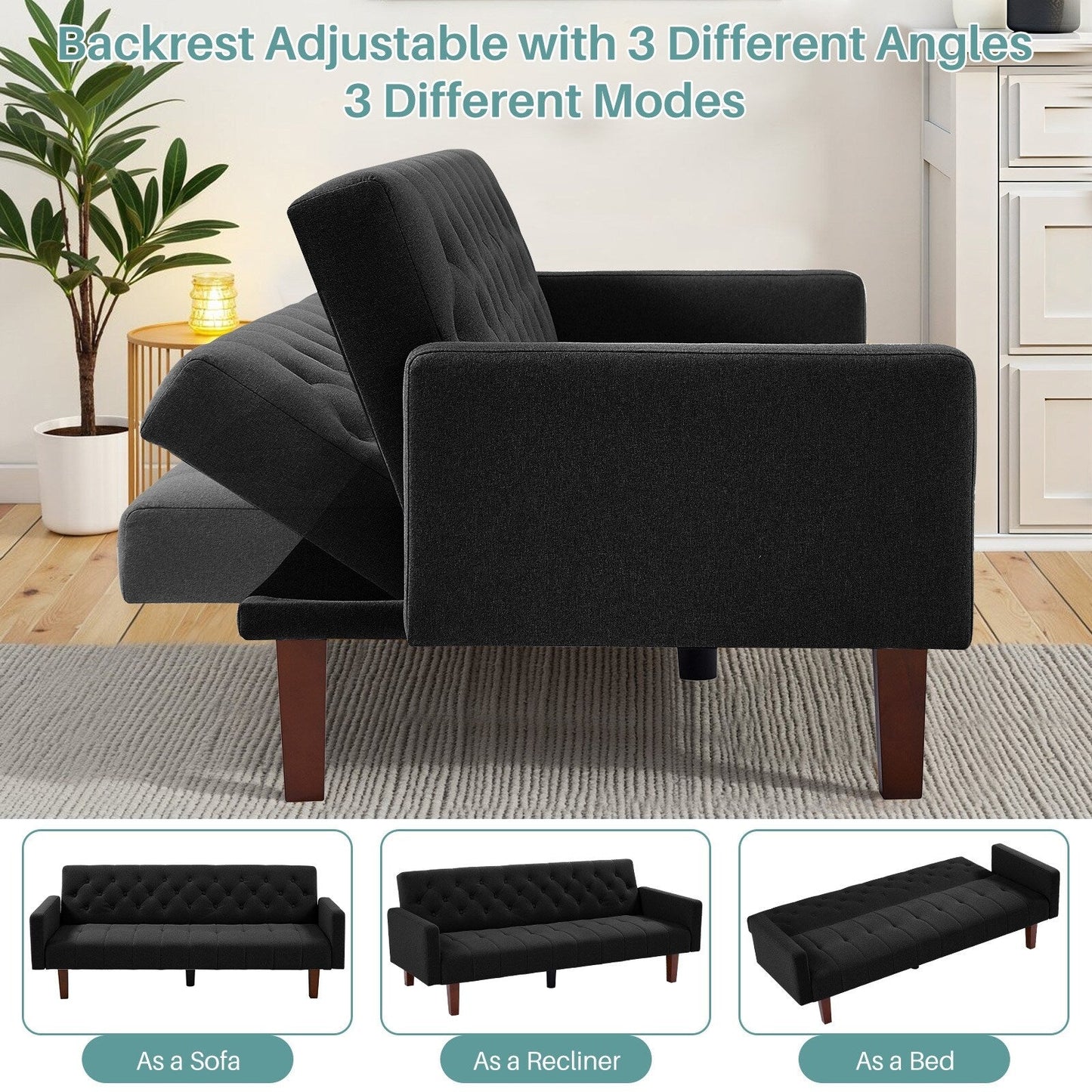 Divano letto futon matrimoniale in lino da 74,41 pollici, divano a due posti trasformabile con schienale regolabile - 74,41 x 32,68 x 28,94