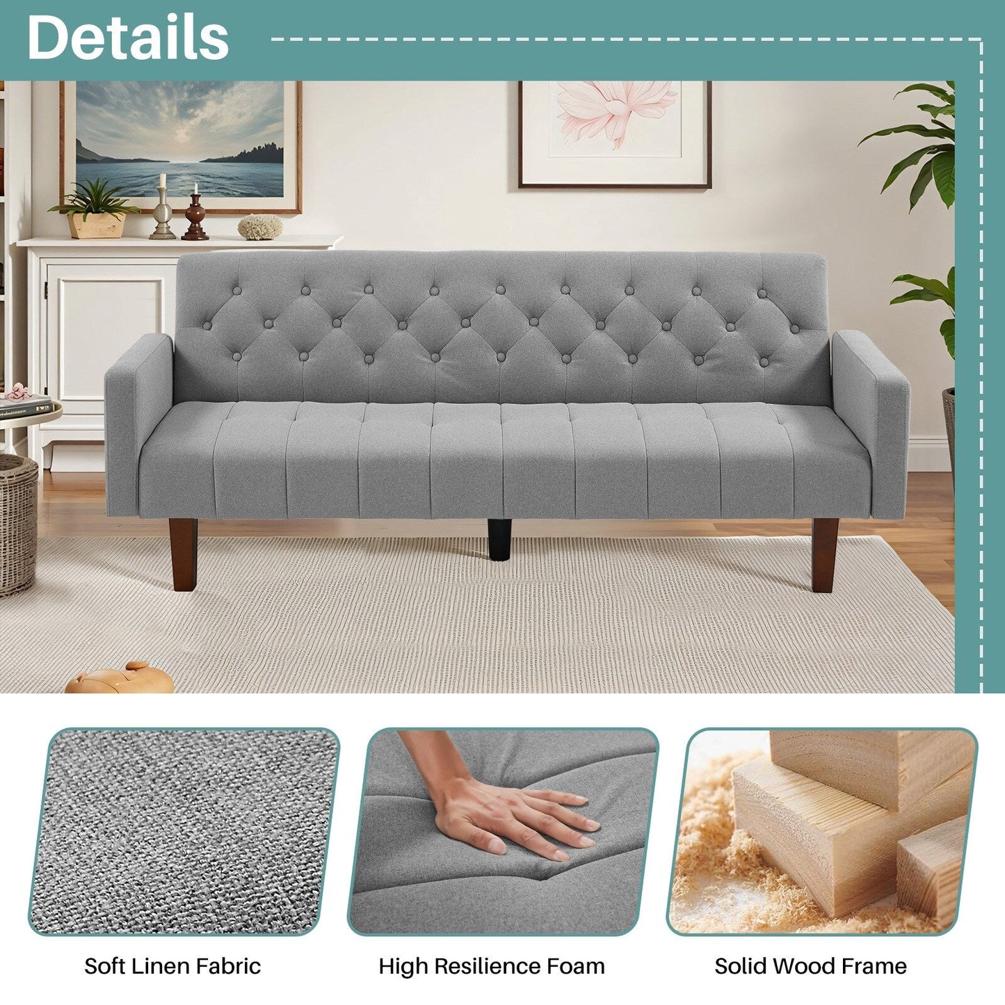 Divano letto futon matrimoniale in lino da 74,41 pollici, divano a due posti trasformabile con schienale regolabile - 74,41 x 32,68 x 28,94