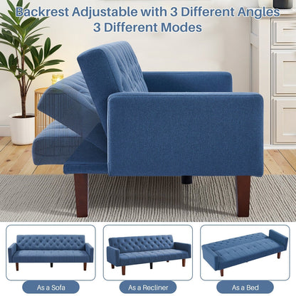 Divano letto futon matrimoniale in lino da 74,41 pollici, divano a due posti trasformabile con schienale regolabile - 74,41 x 32,68 x 28,94