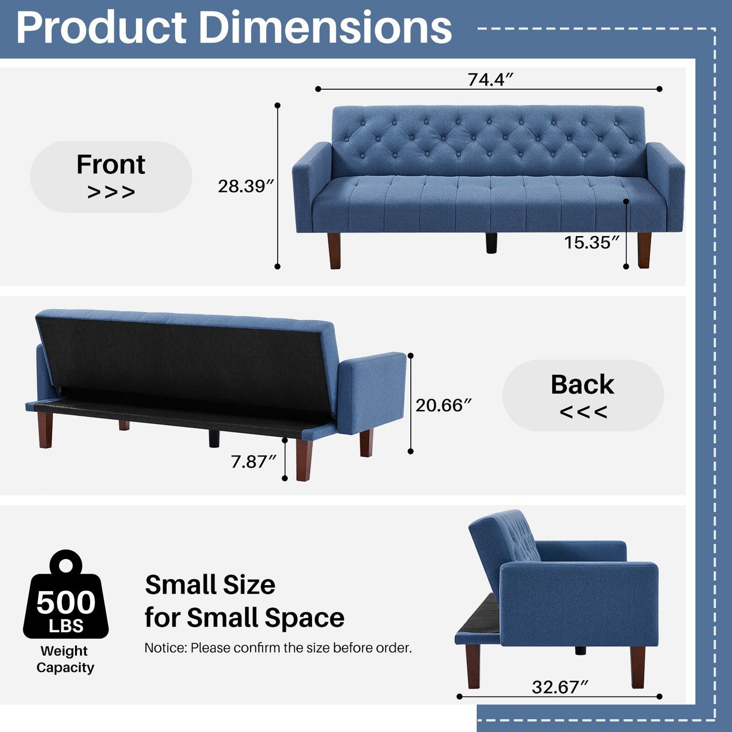 Divano letto futon matrimoniale in lino da 74,41 pollici, divano a due posti trasformabile con schienale regolabile - 74,41 x 32,68 x 28,94