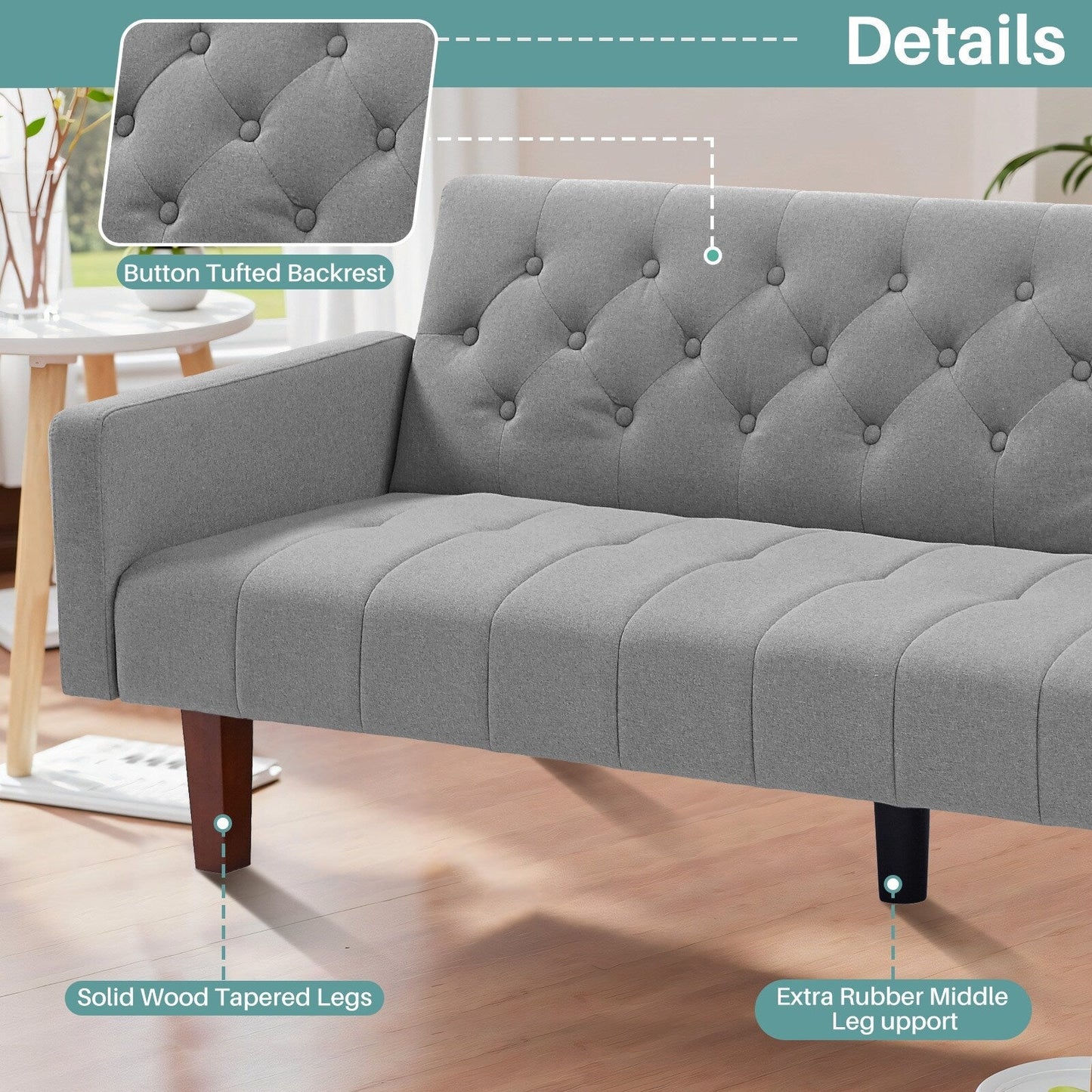 Divano letto futon matrimoniale in lino da 74,41 pollici, divano a due posti trasformabile con schienale regolabile - 74,41 x 32,68 x 28,94