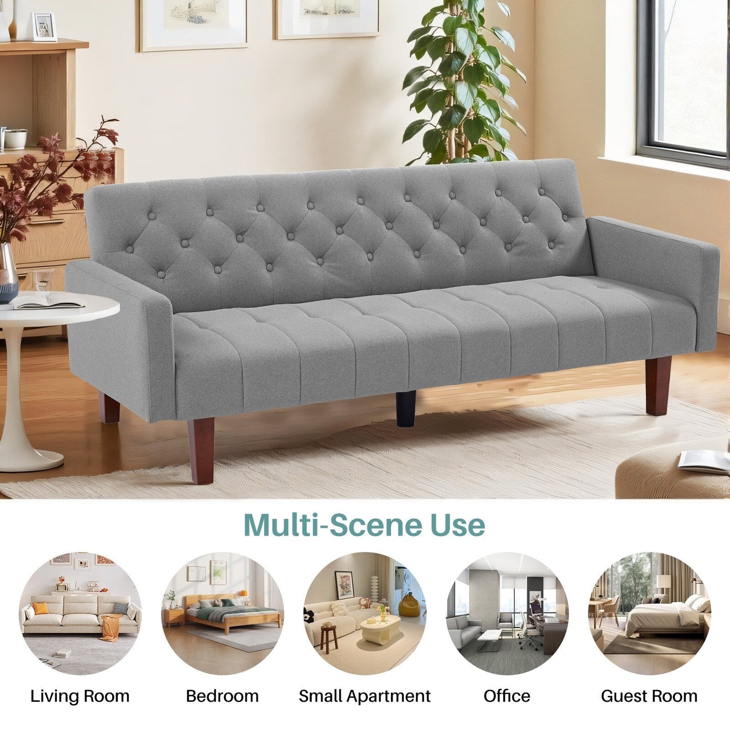 Divano letto futon matrimoniale in lino da 74,41 pollici, divano a due posti trasformabile con schienale regolabile - 74,41 x 32,68 x 28,94