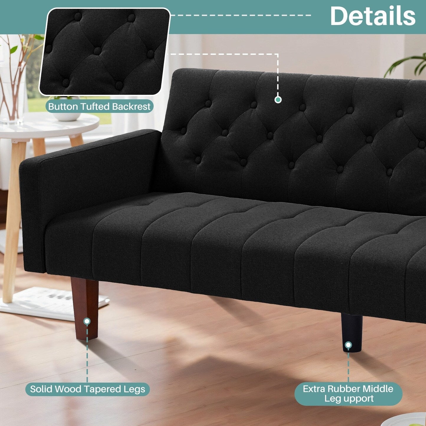 Divano letto futon matrimoniale in lino da 74,41 pollici, divano a due posti trasformabile con schienale regolabile - 74,41 x 32,68 x 28,94