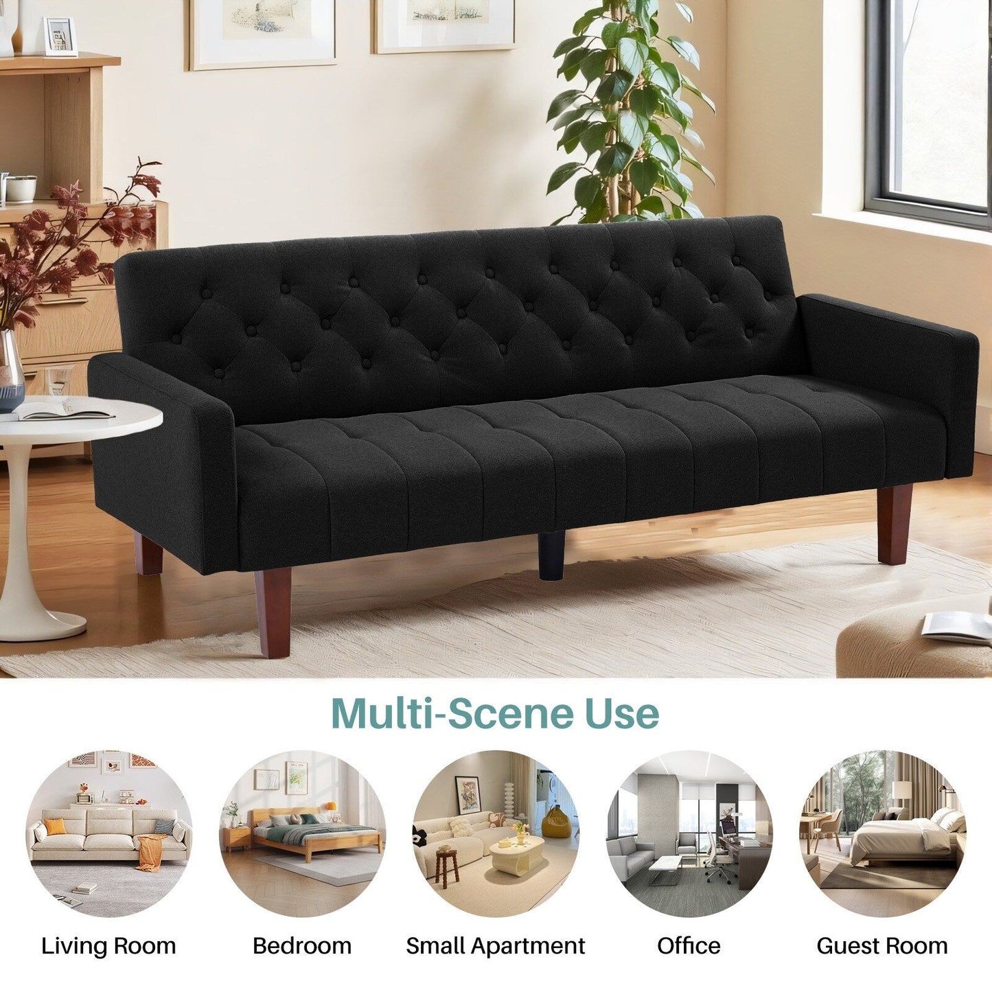 Divano letto futon matrimoniale in lino da 74,41 pollici, divano a due posti trasformabile con schienale regolabile - 74,41 x 32,68 x 28,94