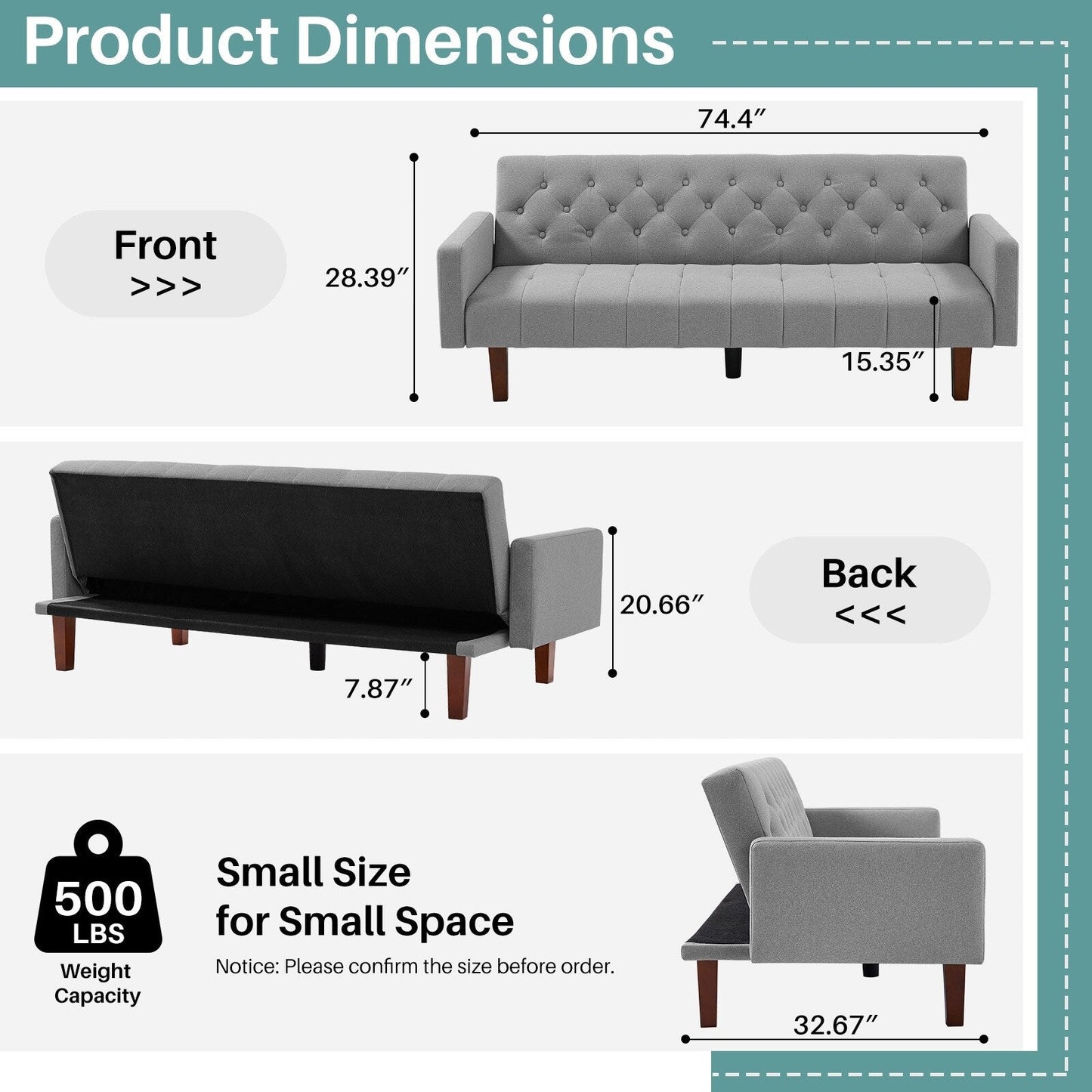 Divano letto futon matrimoniale in lino da 74,41 pollici, divano a due posti trasformabile con schienale regolabile - 74,41 x 32,68 x 28,94