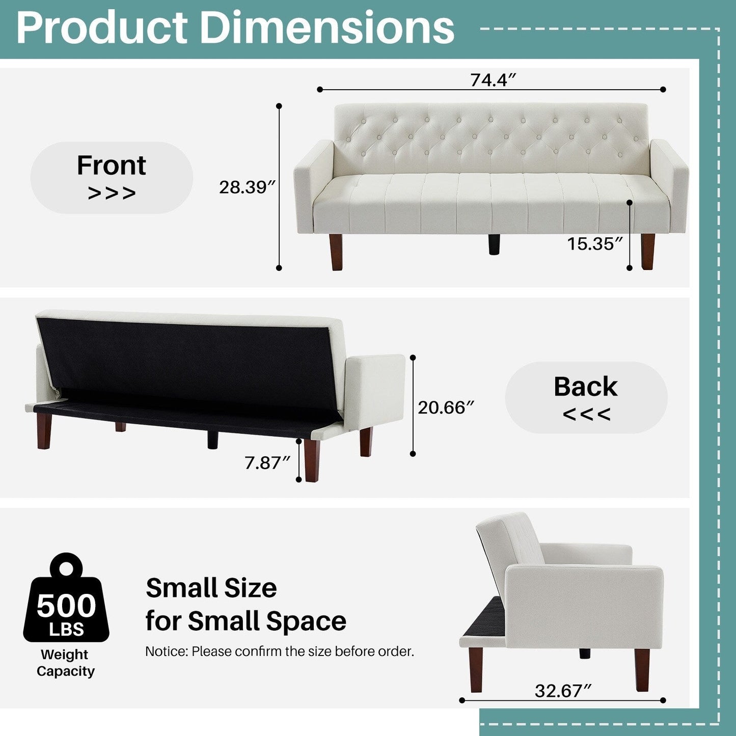 Divano letto futon matrimoniale in lino da 74,41 pollici, divano a due posti trasformabile con schienale regolabile - 74,41 x 32,68 x 28,94