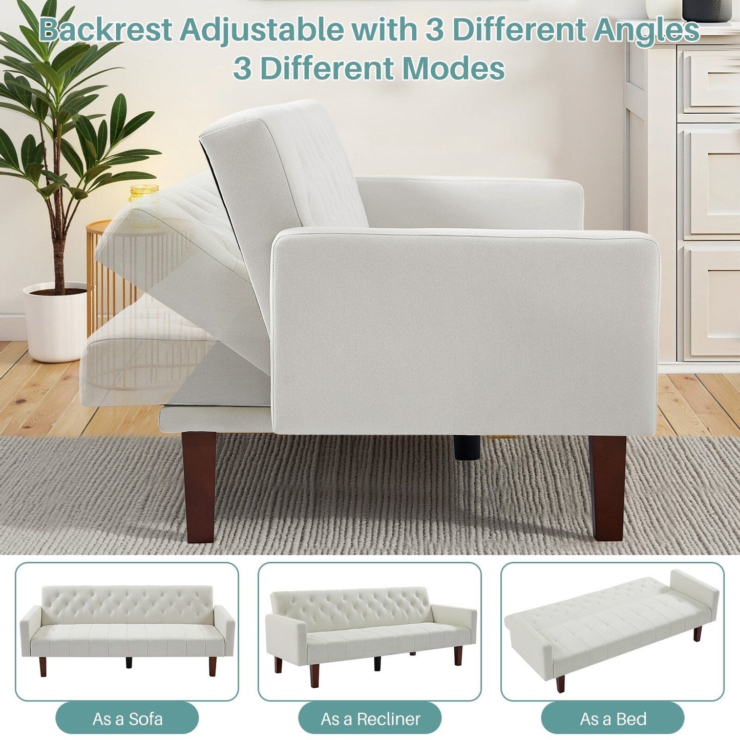 Divano letto futon matrimoniale in lino da 74,41 pollici, divano a due posti trasformabile con schienale regolabile - 74,41 x 32,68 x 28,94